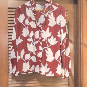Loft Burgundy and White Leaf Long Sleeve Semi Sheer Blouse